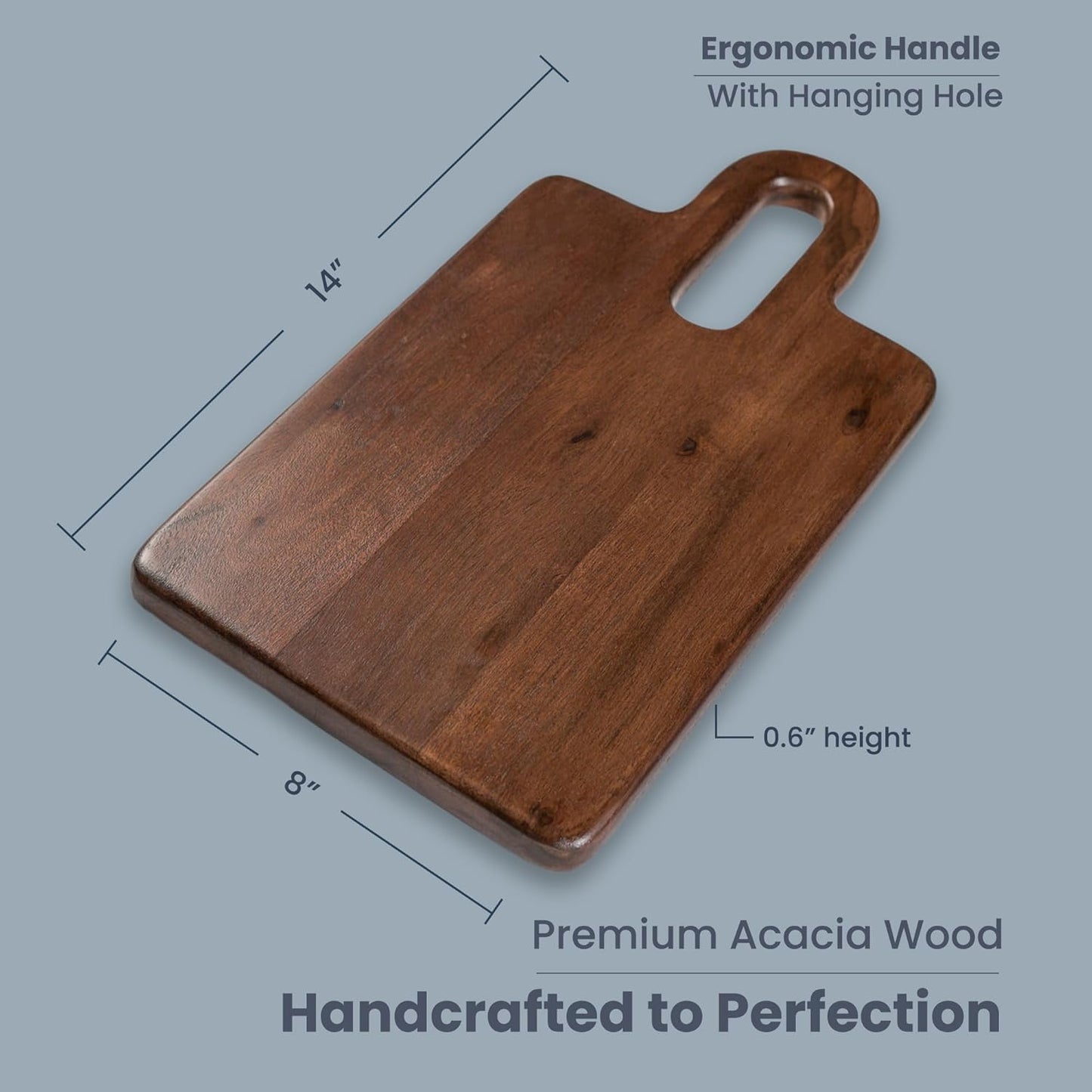 Premium Acacia Wood Rectangle Serveware Board with Handle; Food Grade, 14"x8" Walnut Stain