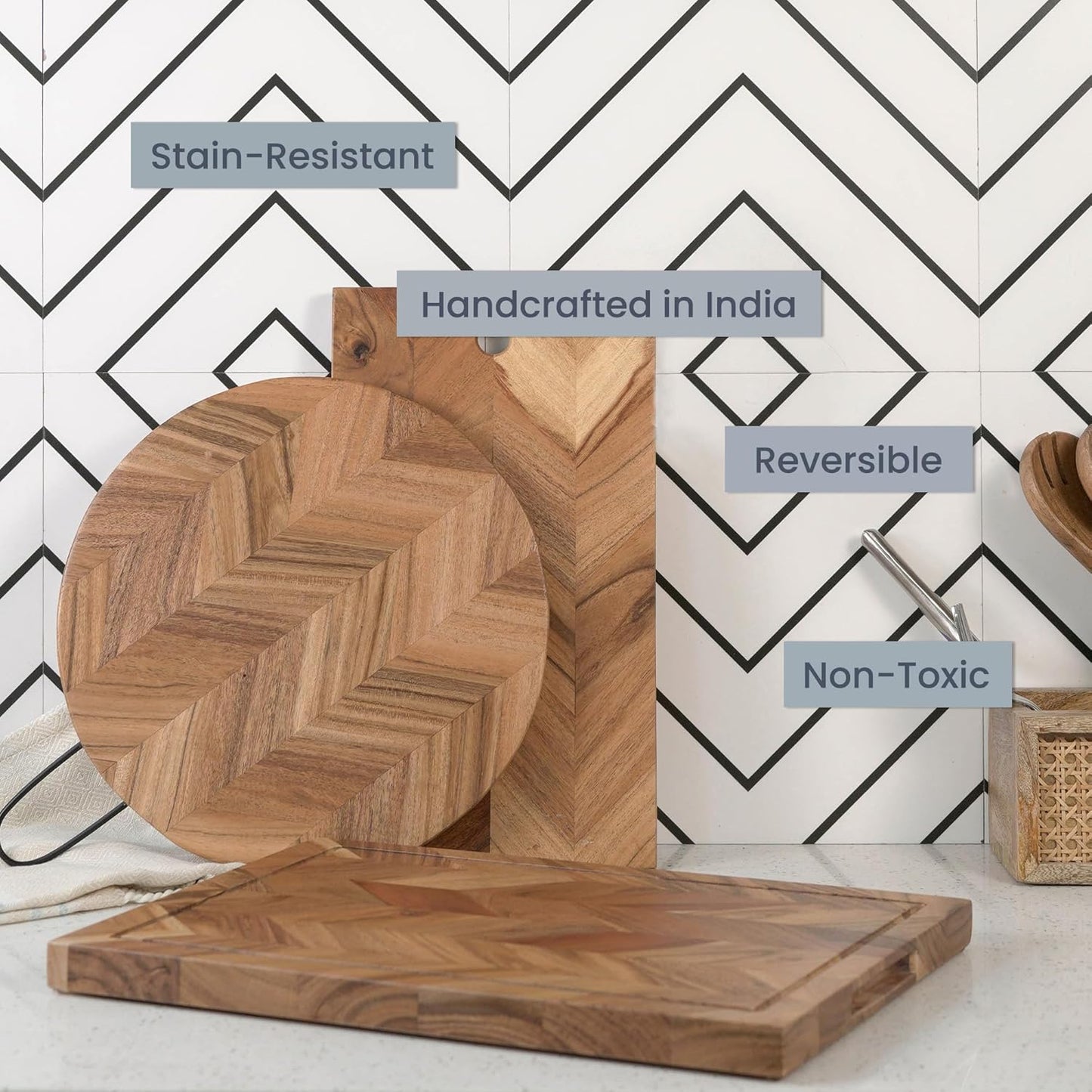 Premium Acacia Wood Large Serving/Cutting Board, Chevron Butcher Block with Juice Groove; 16 x12