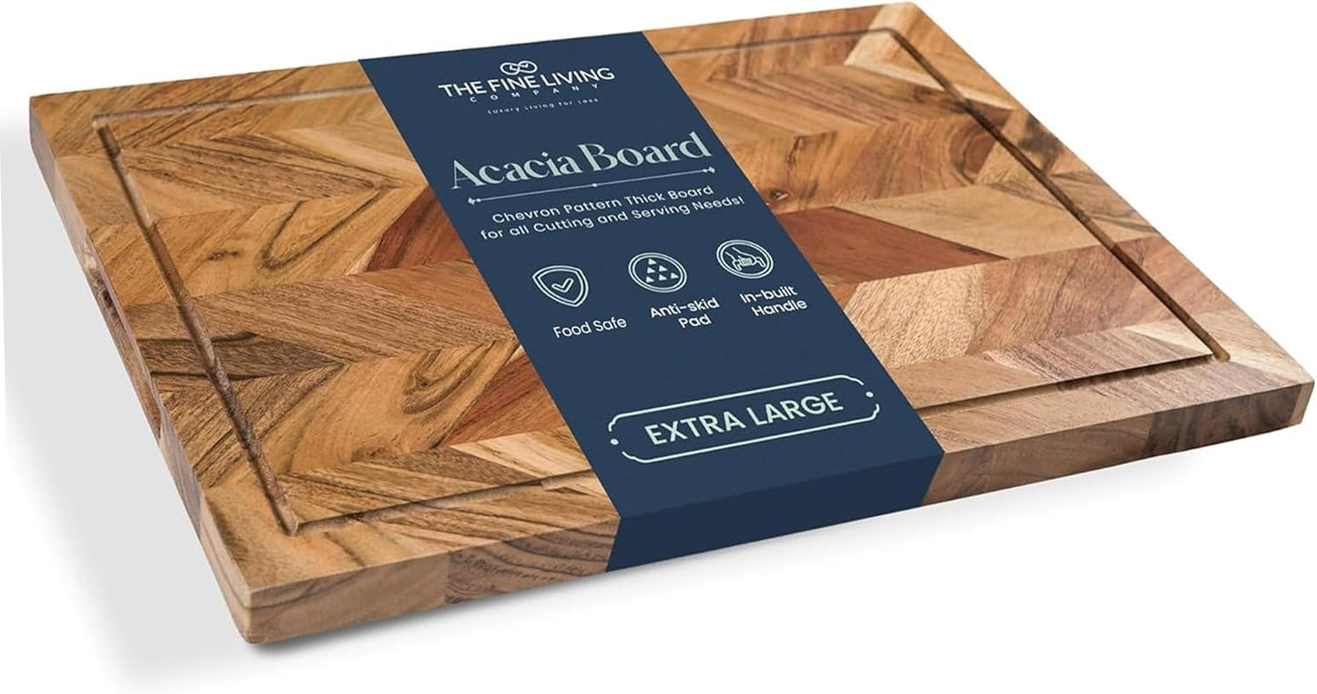 Premium Acacia Wood Large Serving/Cutting Board, Chevron Butcher Block with Juice Groove; 16 x12