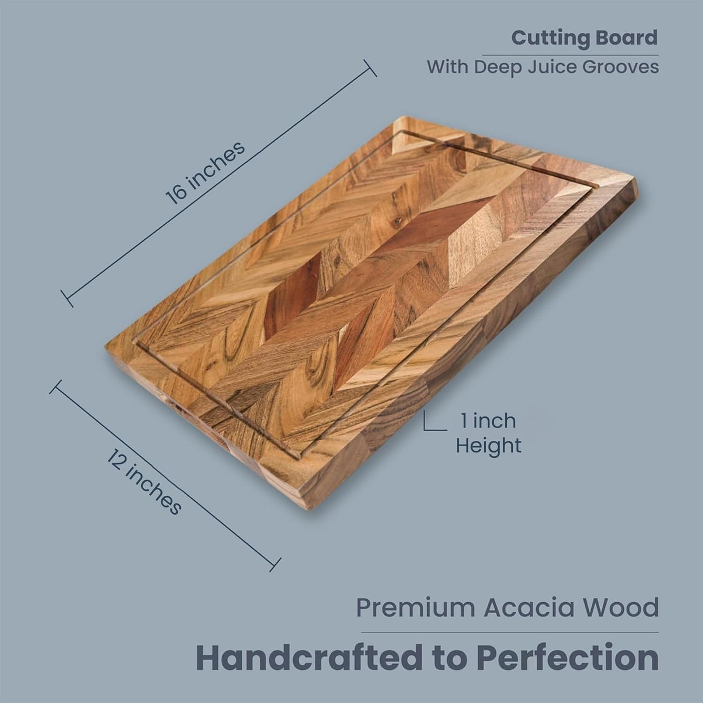 Premium Acacia Wood Large Serving/Cutting Board, Chevron Butcher Block with Juice Groove; 16 x12