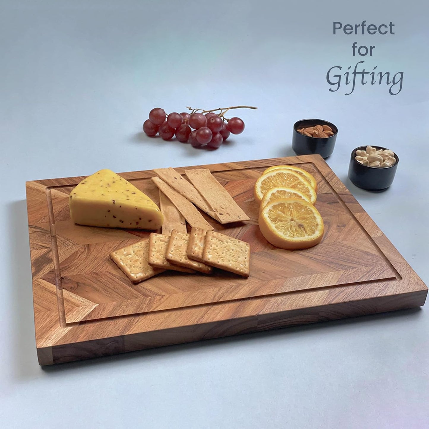 Premium Acacia Wood Large Serving/Cutting Board, Chevron Butcher Block with Juice Groove; 16 x12